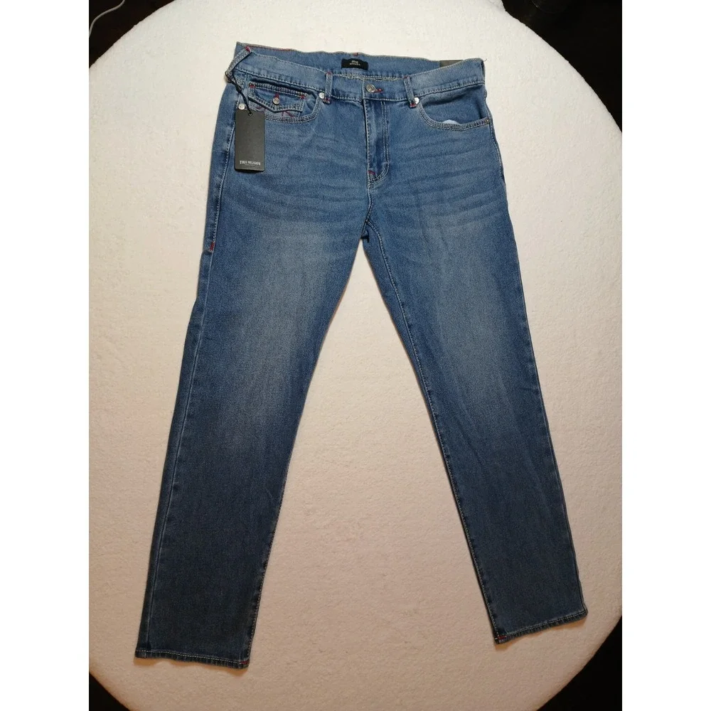 NWT True Religion Geno Big T Flap Slim Jeans Men 36x32 Light Pacific Wash $204